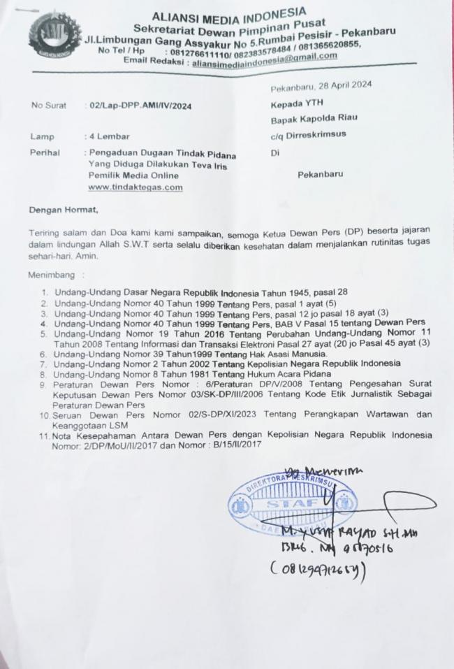 Didampingi Penasehat Hukum Jaka Marhaen,SH, DPP AMI Resmi Laporkan Teva Iris ke Mapolda Riau